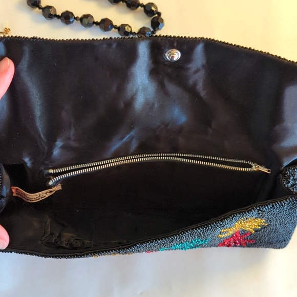 Vintage Black Beaded Evening Baguette Clutch Purse w/ Red, Gold and Green Detail - Picture 5 of 10